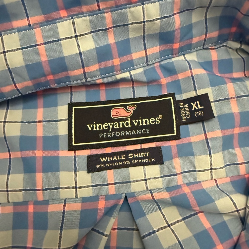 Vineyard Vines Performance Button Down Shirt Mens XL Blue Plaid Stretch Whale - Picture 3 of 6